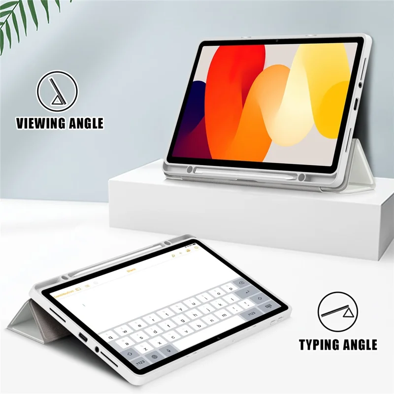 For Xiaomi Redmi Pad SE Tri-fold Stand Smart Case Leather+TPU+Acrylic Tablet Cover with Pen Slot - Grey