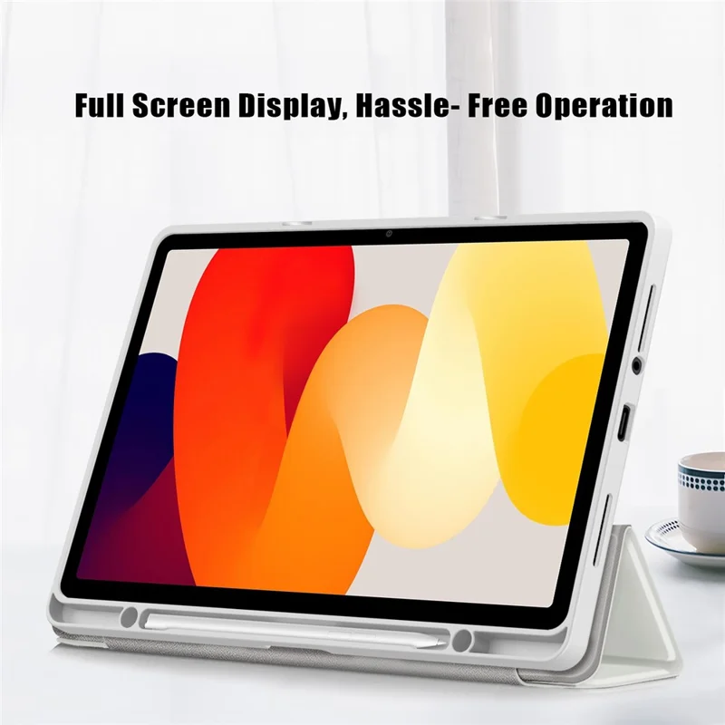 For Xiaomi Redmi Pad SE Tri-fold Stand Smart Case Leather+TPU+Acrylic Tablet Cover with Pen Slot - Grey