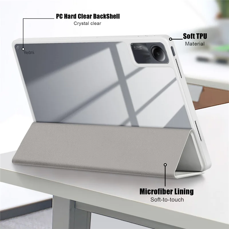 For Xiaomi Redmi Pad SE Tri-fold Stand Smart Case Leather+TPU+Acrylic Tablet Cover with Pen Slot - Grey