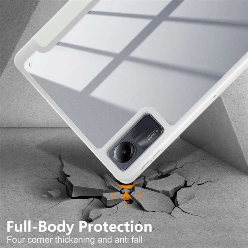 For Xiaomi Redmi Pad SE Tri-fold Stand Smart Case Leather+TPU+Acrylic Tablet Cover with Pen Slot - Grey
