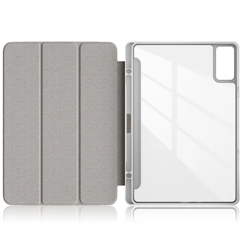 For Xiaomi Redmi Pad SE Tri-fold Stand Smart Case Leather+TPU+Acrylic Tablet Cover with Pen Slot - Grey