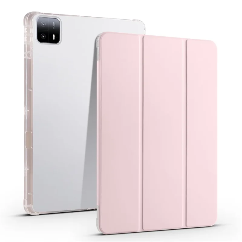 For Xiaomi Pad 6 Max 14 Case Tri-fold Stand Clear Back Tablet Cover with Pen Slot - Pink