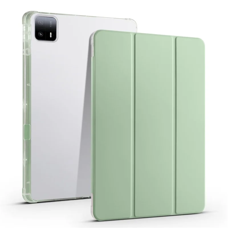 For Xiaomi Pad 6 Max 14 Case Tri-fold Stand Clear Back Tablet Cover with Pen Slot - Matcha Green