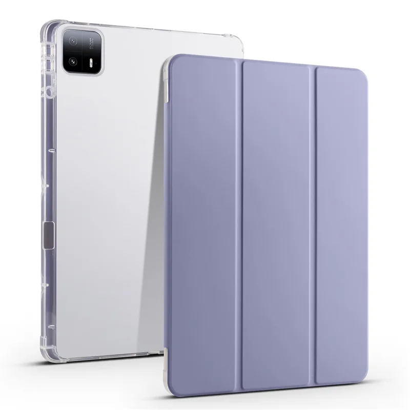 For Xiaomi Pad 6 Max 14 Case Tri-fold Stand Clear Back Tablet Cover with Pen Slot - Purple
