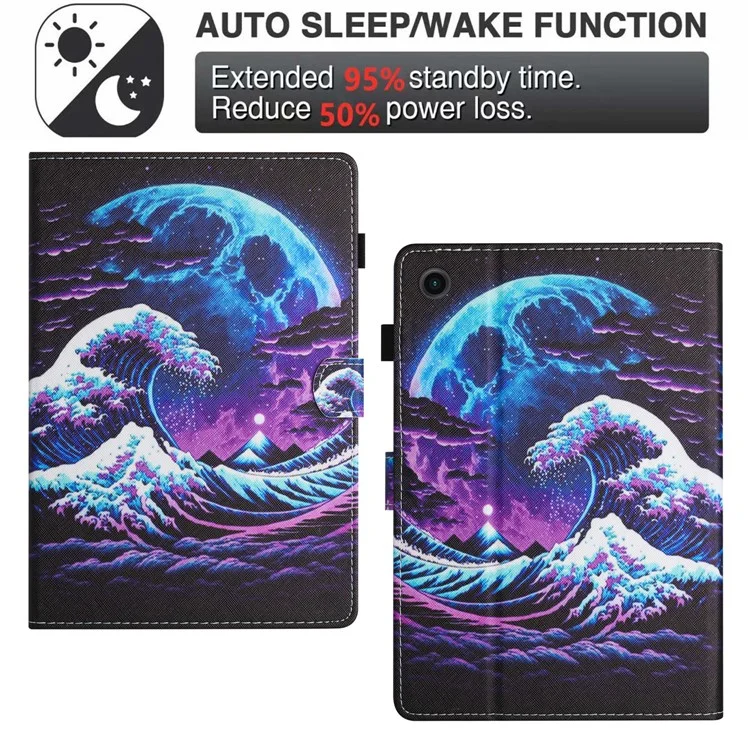 For Samsung Galaxy Tab A9+ Case Pattern Printing Stitching Leather Tablet Cover - Sea Wave
