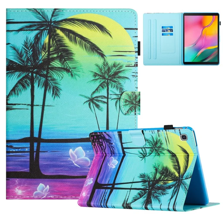 Para Samsung Galaxy Tab A7 Lite 8.7-inch T220 / T225 Case Pattern Printing Card Holder Tablet Cover - Coconut Palm