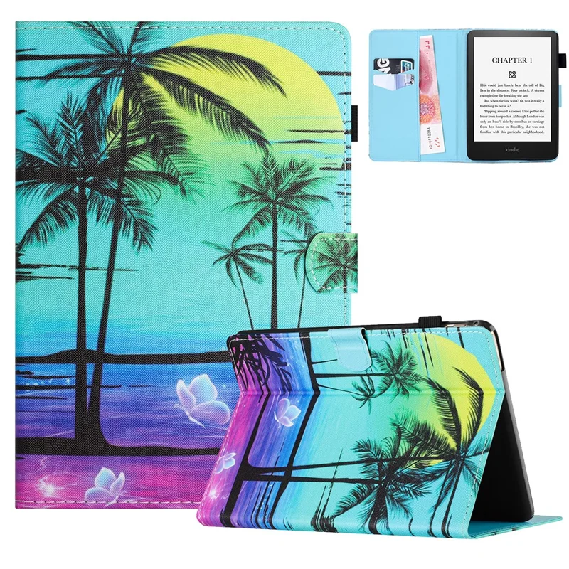For Amazon Kindle 11th (2024) / 6'' (2022) Case Pattern Printing Leather Wallet E-Reader Cover - Coconut Tree