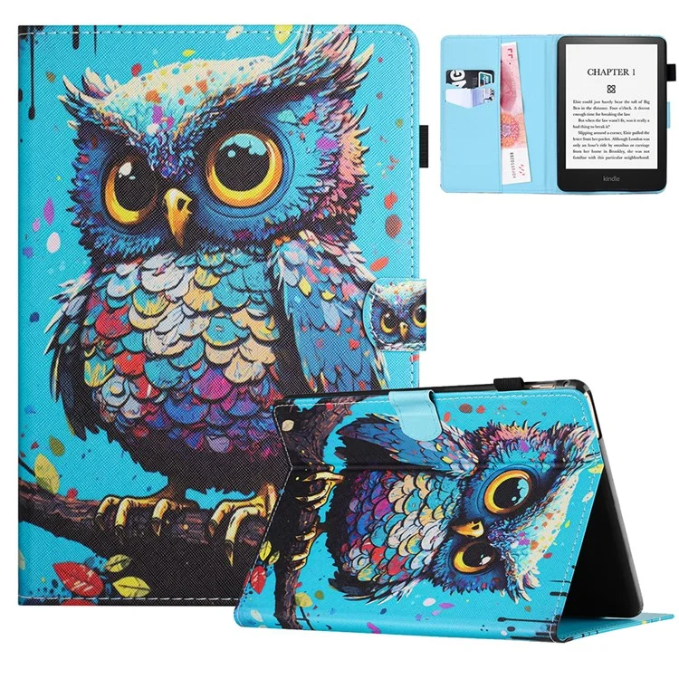 For Amazon Kindle Paperwhite 5 (2021) Case Stylish Pattern Leather Wallet E-reader Cover - Owl