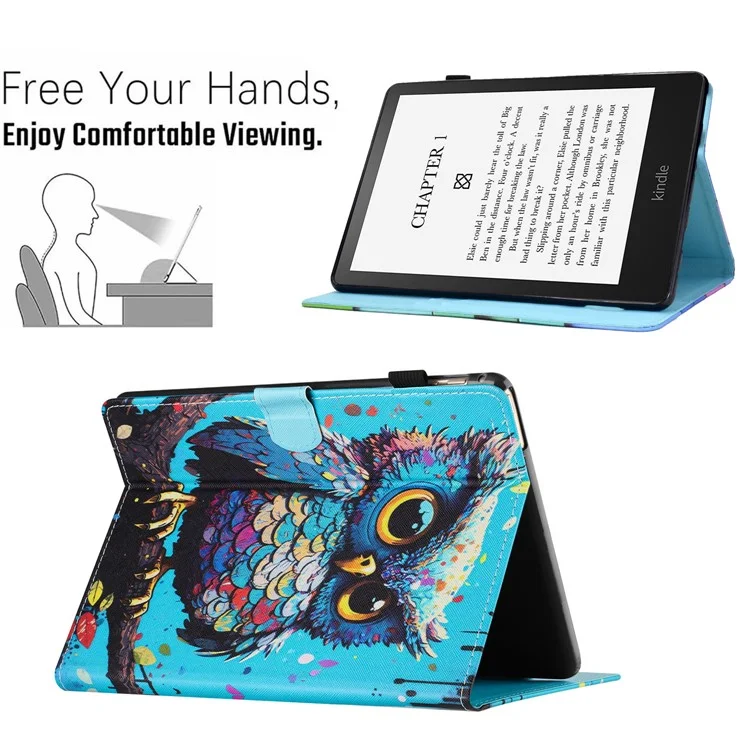 For Amazon Kindle Paperwhite 5 (2021) Case Stylish Pattern Leather Wallet E-reader Cover - Owl