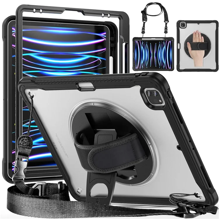 For iPad Air 13 (2025) / (2024) / Pro 12.9 (2018) / (2020) / (2021) / (2022) Case Kickstand Tablet Cover with Strap - Black