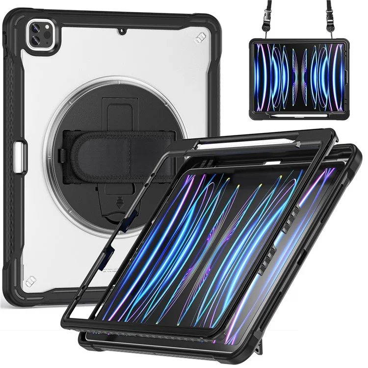 For iPad Pro 12.9 (2018) / (2020) / (2021) / (2022) Case Kickstand Tablet Cover with Shoulder Strap / Hand Strap - Black