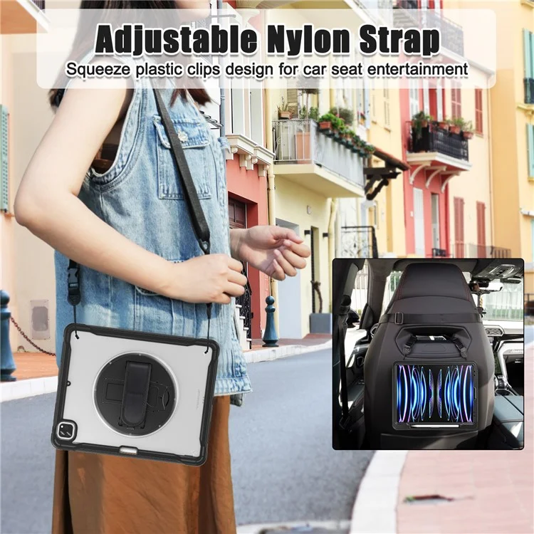 For iPad Air 13 (2025) / (2024) / Pro 12.9 (2018) / (2020) / (2021) / (2022) Case Kickstand Tablet Cover with Strap - Black
