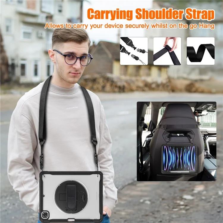 For iPad Air 13 (2025) / (2024) / Pro 12.9 (2018) / (2020) / (2021) / (2022) Case Kickstand Tablet Cover with Strap - Black
