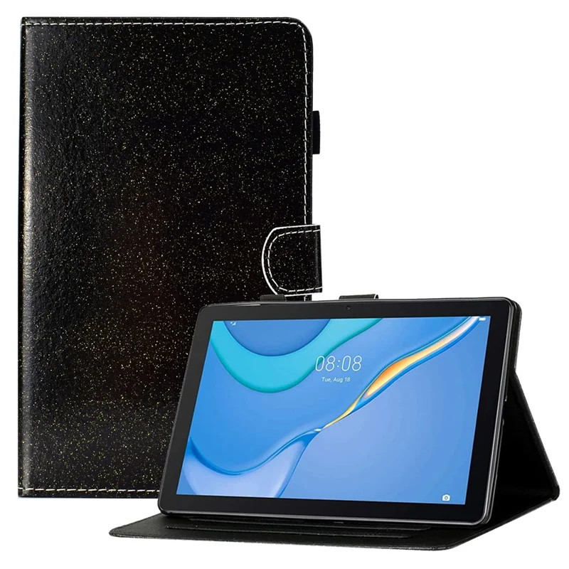 Glittery Powder Shell for Samsung Galaxy Tab A9 Case Card Slot PU Leather Tablet Cover - Black