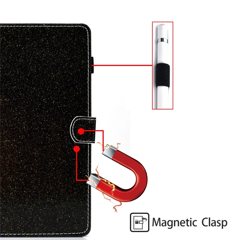 Glittery Powder Shell for Samsung Galaxy Tab A9 Case Card Slot PU Leather Tablet Cover - Black
