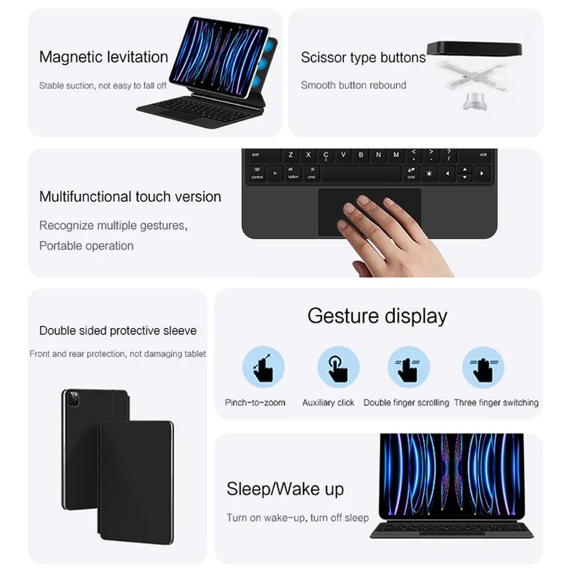For iPad Pro 11 (2020) / (2021) / (2022) / (2018) / Air (2022) / (2020) Magnetic Floating Bluetooth-compatible Keyboard + Leather Tablet Case - Blue