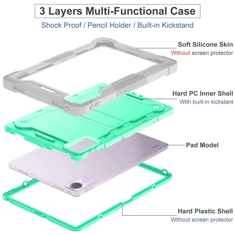 Per Xiaomi Redmi Pad SE Kickstand Cover Rugged Silicone + PC Protective Tablet Case - Grey+Mint Green