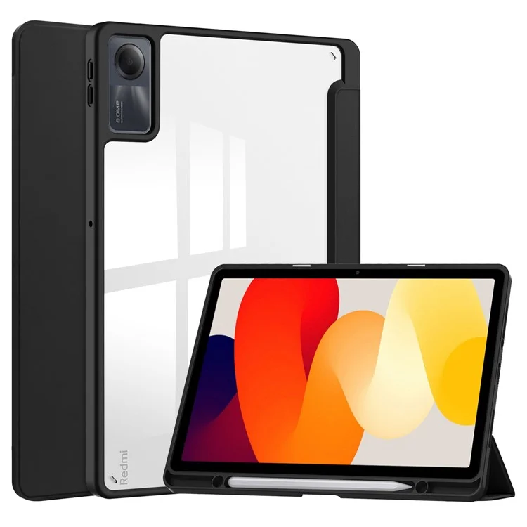 Чехол для планшета Xiaomi Redmi Pad SE, противоударный, из искусственной кожи + ТПУ + акрил, с подставкой и слотом для ручки - черного цвета