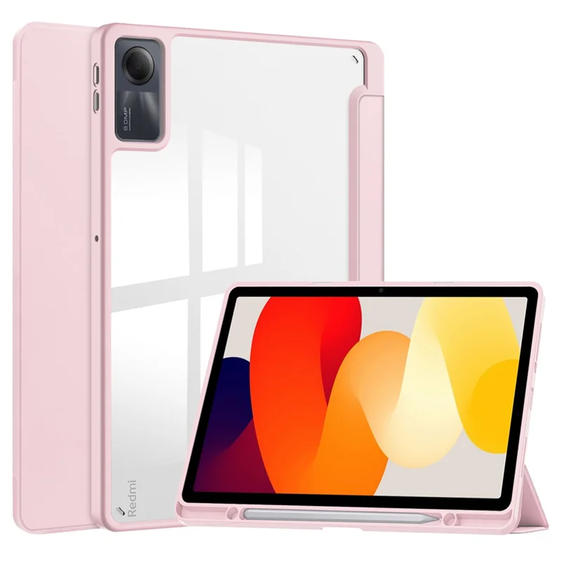 For Xiaomi Redmi Pad SE Tablet Case Anti-scratch Leather+TPU+Acrylic Stand Cover with Pen Slot - Pink