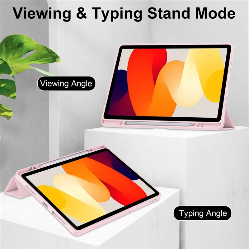 For Xiaomi Redmi Pad SE Tablet Case Anti-scratch Leather+TPU+Acrylic Stand Cover with Pen Slot - Pink