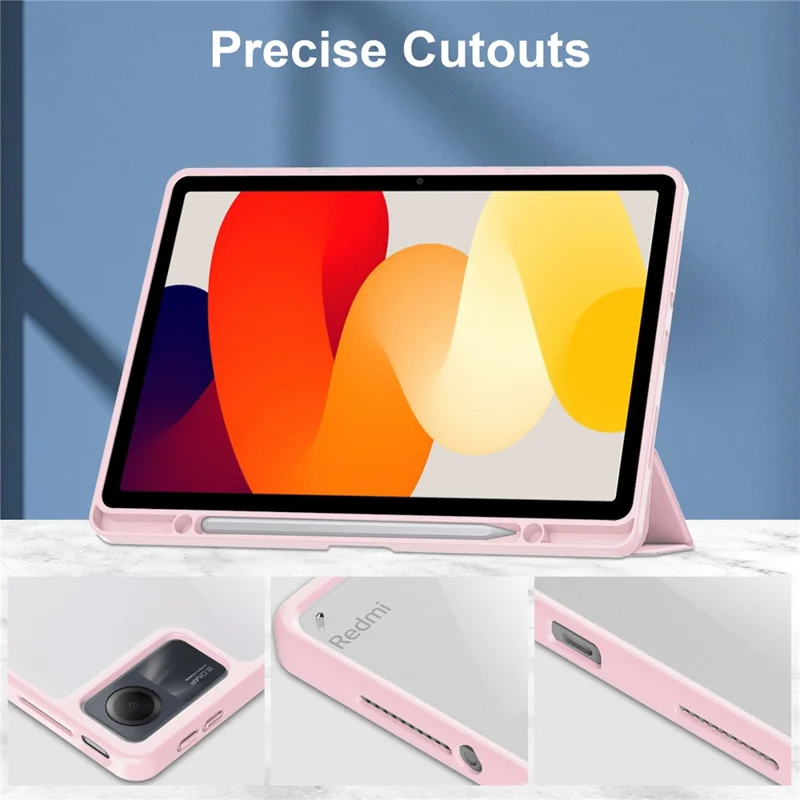 For Xiaomi Redmi Pad SE Tablet Case Anti-scratch Leather+TPU+Acrylic Stand Cover with Pen Slot - Pink