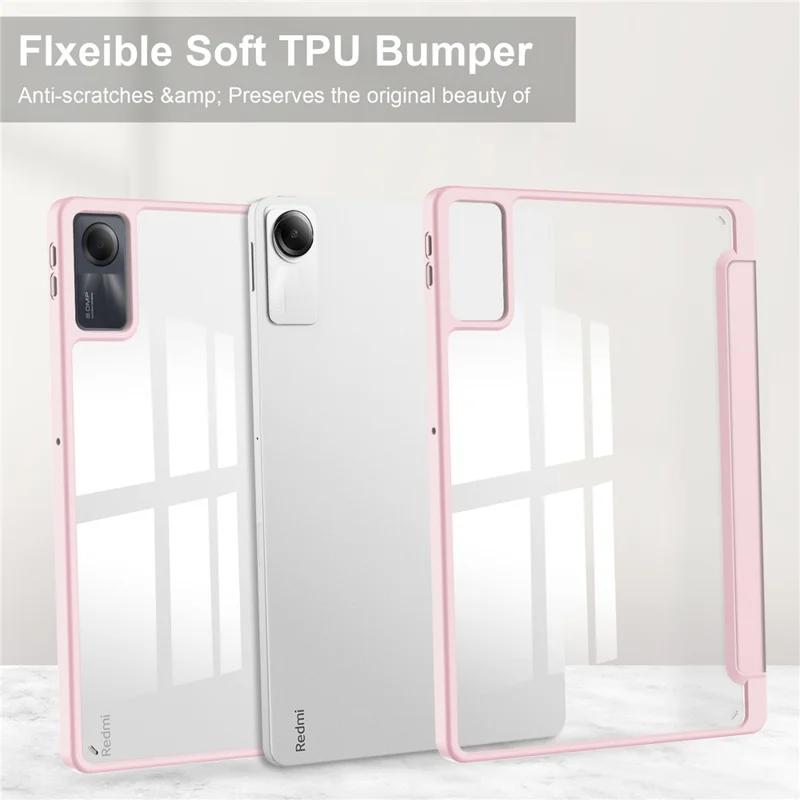 For Xiaomi Redmi Pad SE Tablet Case Anti-scratch Leather+TPU+Acrylic Stand Cover with Pen Slot - Pink
