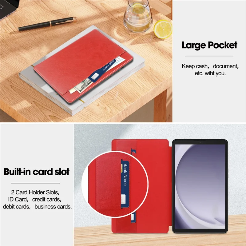 Per Samsung Galaxy Tab A9 Case PU Pelle Portafoglio in Piedi Autosvegli / Sonno Copertura Tablet - Rosso