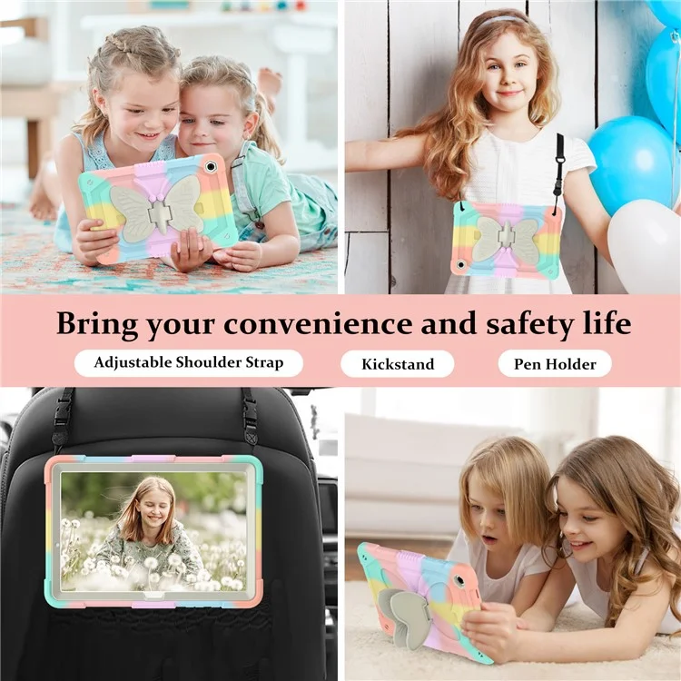Чехол для планшета Samsung Galaxy Tab A9+ с бабочкой, силиконовый + поликарбонатный, с подставкой и плечевым ремнем