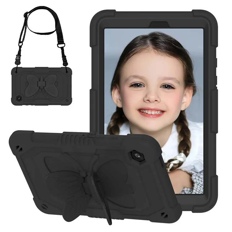 Funda para Samsung Galaxy Tab A9 Tablet, Forma de Mariposa, Silicona + Cubierta Protectora de PC con Correa para el Hombro - Negro