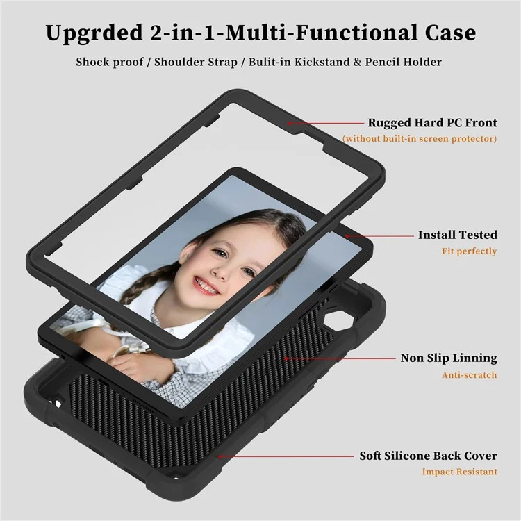 Funda para Samsung Galaxy Tab A9 Tablet, Forma de Mariposa, Silicona + Cubierta Protectora de PC con Correa para el Hombro - Negro