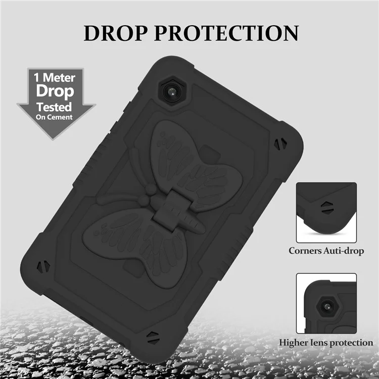 Funda para Samsung Galaxy Tab A9 Tablet, Forma de Mariposa, Silicona + Cubierta Protectora de PC con Correa para el Hombro - Negro
