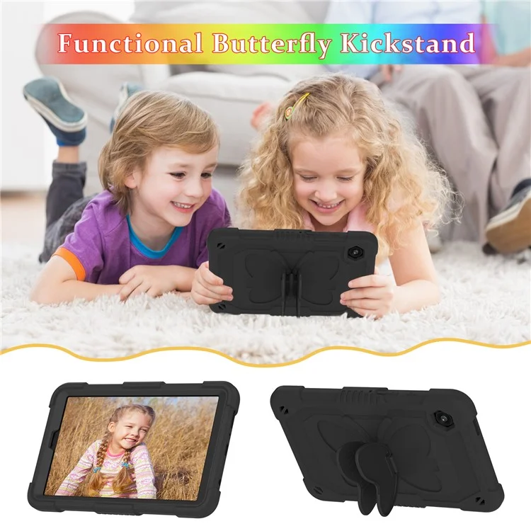 Funda para Samsung Galaxy Tab A9 Tablet, Forma de Mariposa, Silicona + Cubierta Protectora de PC con Correa para el Hombro - Negro