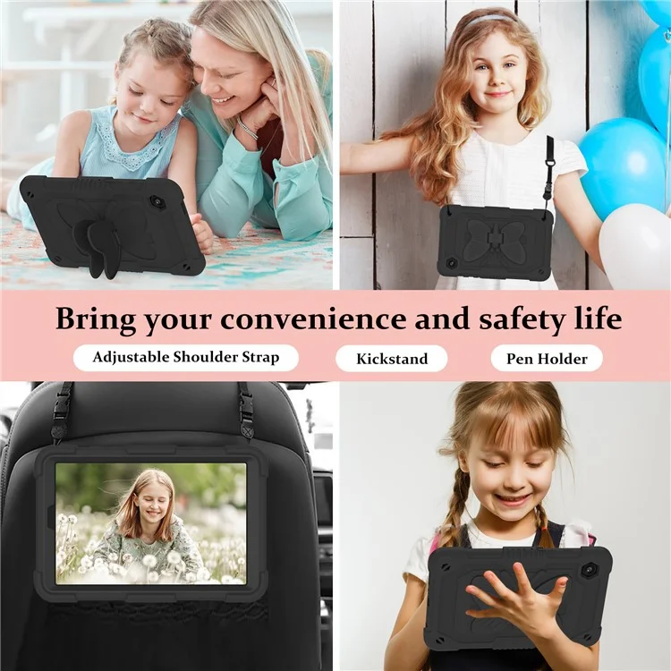 Funda para Samsung Galaxy Tab A9 Tablet, Forma de Mariposa, Silicona + Cubierta Protectora de PC con Correa para el Hombro - Negro