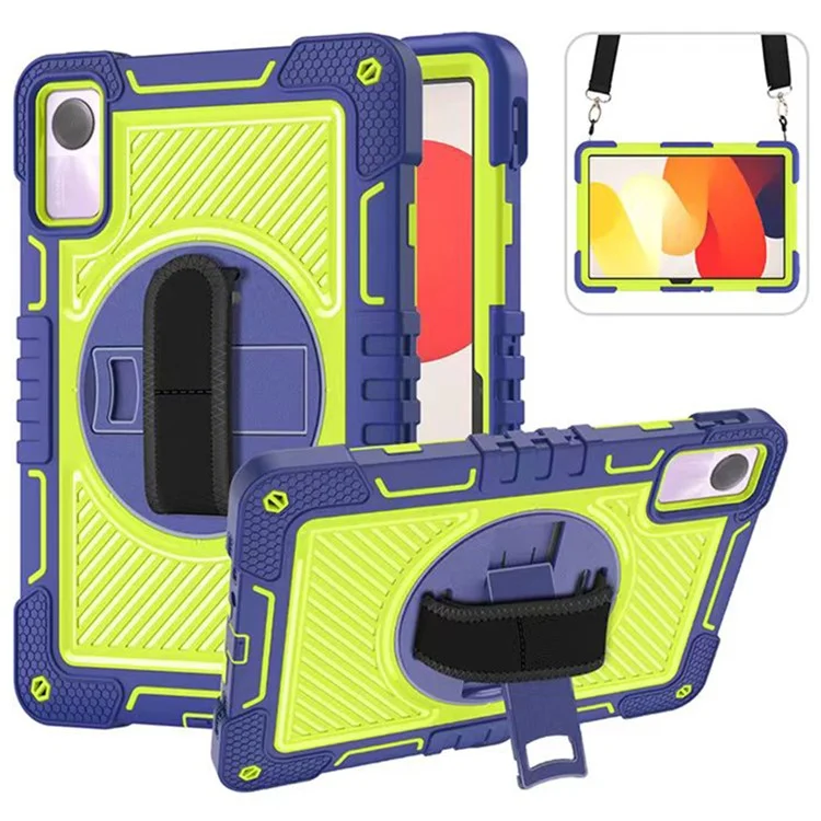 Pour Xiaomi Redmi Pad SE Kickstand Cover Wrist Strap Protective Silicone+PC Tablet Case with Shoulder Strap - Navy Blue+Yellow Green