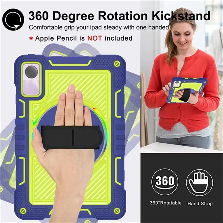 Pour Xiaomi Redmi Pad SE Kickstand Cover Wrist Strap Protective Silicone+PC Tablet Case with Shoulder Strap - Navy Blue+Yellow Green