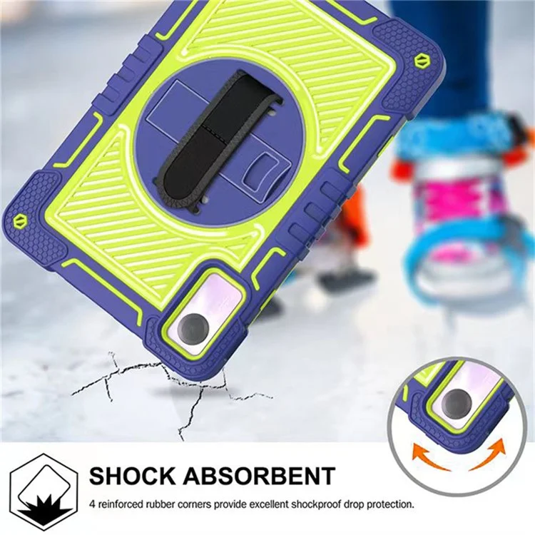 Pour Xiaomi Redmi Pad SE Kickstand Cover Wrist Strap Protective Silicone+PC Tablet Case with Shoulder Strap - Navy Blue+Yellow Green