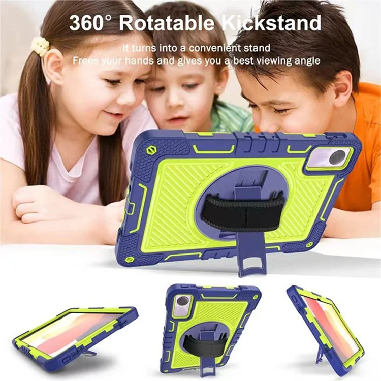 Pour Xiaomi Redmi Pad SE Kickstand Cover Wrist Strap Protective Silicone+PC Tablet Case with Shoulder Strap - Navy Blue+Yellow Green