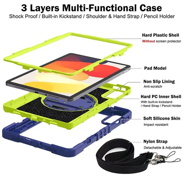 Pour Xiaomi Redmi Pad SE Kickstand Cover Wrist Strap Protective Silicone+PC Tablet Case with Shoulder Strap - Navy Blue+Yellow Green