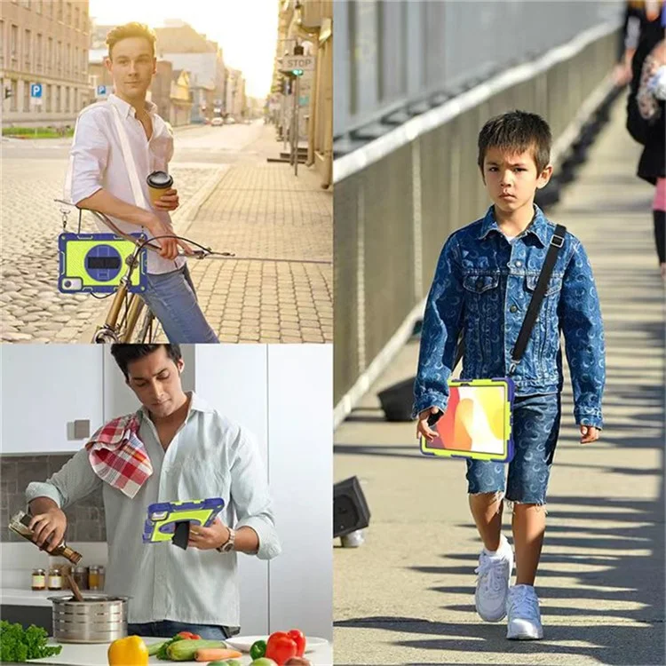 Pour Xiaomi Redmi Pad SE Kickstand Cover Wrist Strap Protective Silicone+PC Tablet Case with Shoulder Strap - Navy Blue+Yellow Green