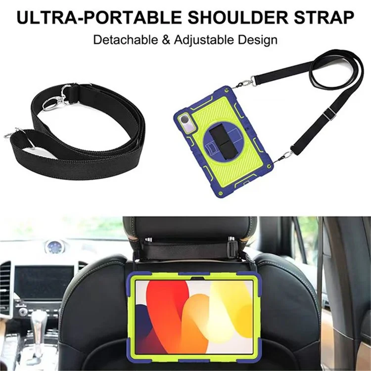 Pour Xiaomi Redmi Pad SE Kickstand Cover Wrist Strap Protective Silicone+PC Tablet Case with Shoulder Strap - Navy Blue+Yellow Green