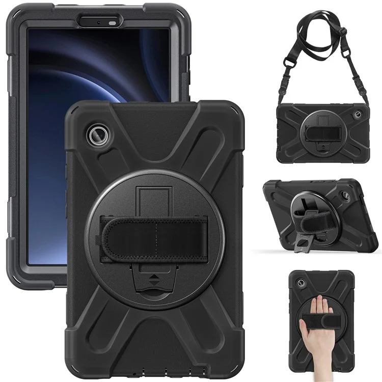 Para la funda de la tableta Samsung Galaxy Tab A9, cubierta con soporte, PC+Silicona con banda para la mano/correa para el hombro - Negro