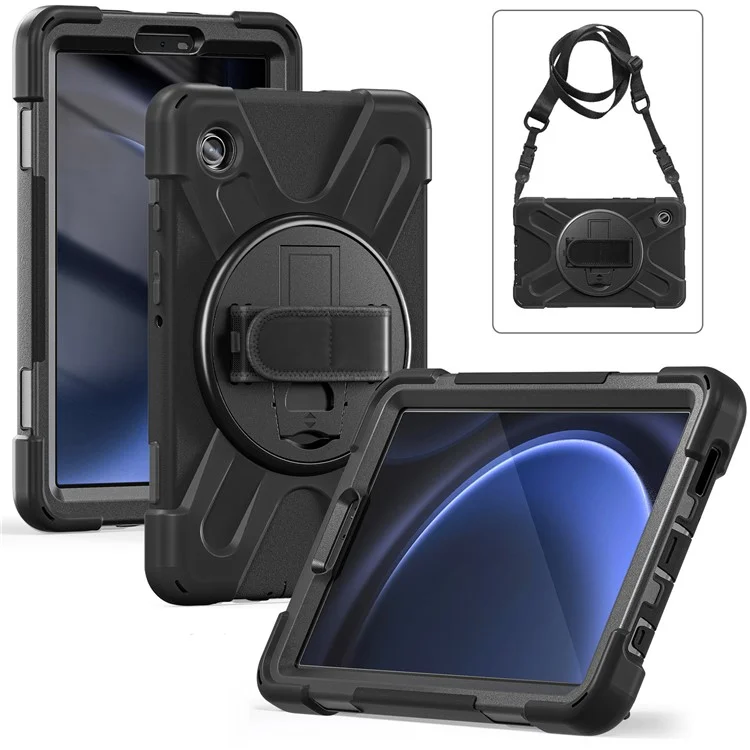 Para la funda de la tableta Samsung Galaxy Tab A9, cubierta con soporte, PC+Silicona con banda para la mano/correa para el hombro - Negro