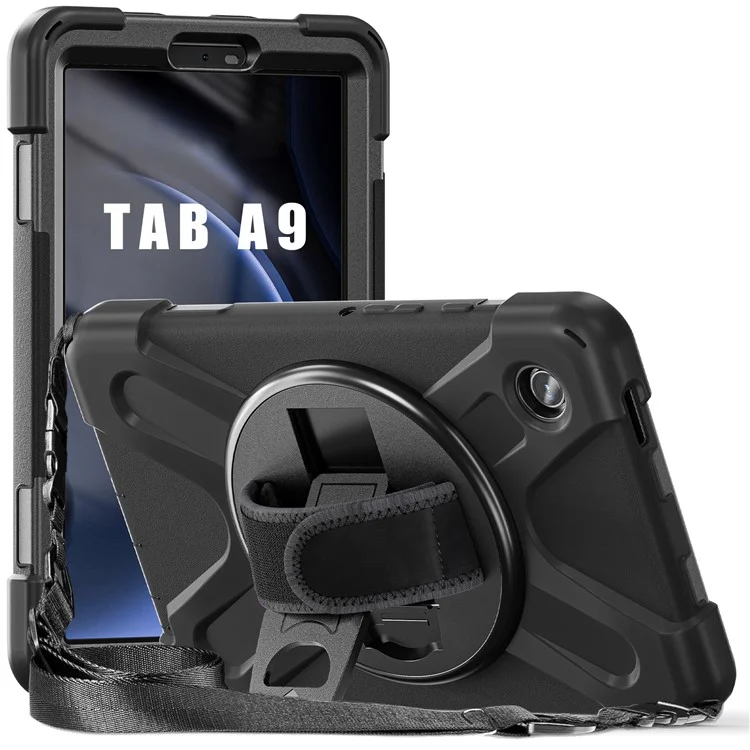 Para la funda de la tableta Samsung Galaxy Tab A9, cubierta con soporte, PC+Silicona con banda para la mano/correa para el hombro - Negro