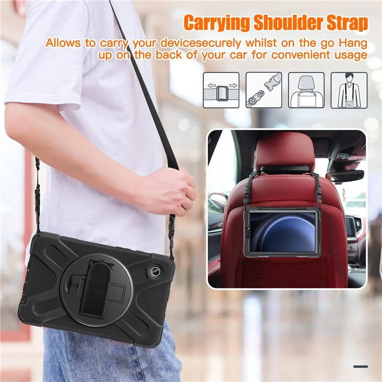 Para la funda de la tableta Samsung Galaxy Tab A9, cubierta con soporte, PC+Silicona con banda para la mano/correa para el hombro - Negro