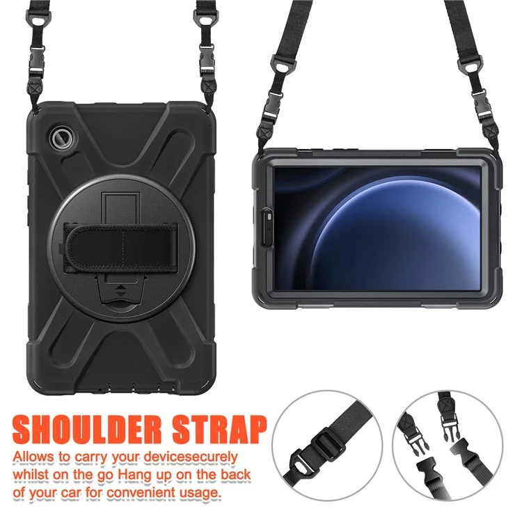 Para la funda de la tableta Samsung Galaxy Tab A9, cubierta con soporte, PC+Silicona con banda para la mano/correa para el hombro - Negro