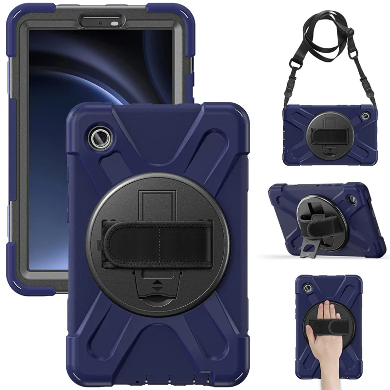 For Samsung Galaxy Tab A9 Tablet Case Kickstand PC+Silicone Cover with Hand Band / Shoulder Strap - Navy Blue