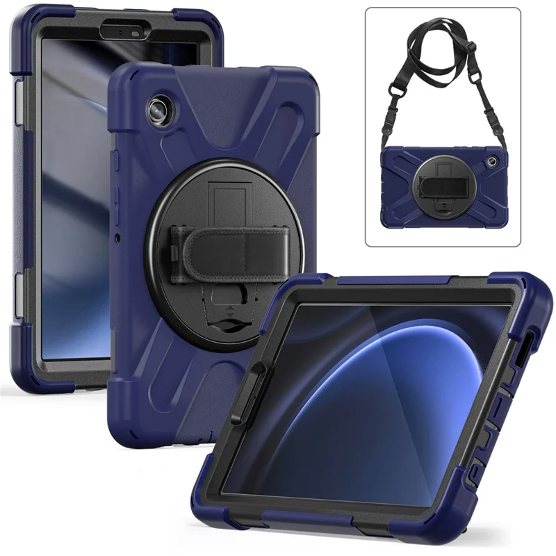 For Samsung Galaxy Tab A9 Tablet Case Kickstand PC+Silicone Cover with Hand Band / Shoulder Strap - Navy Blue