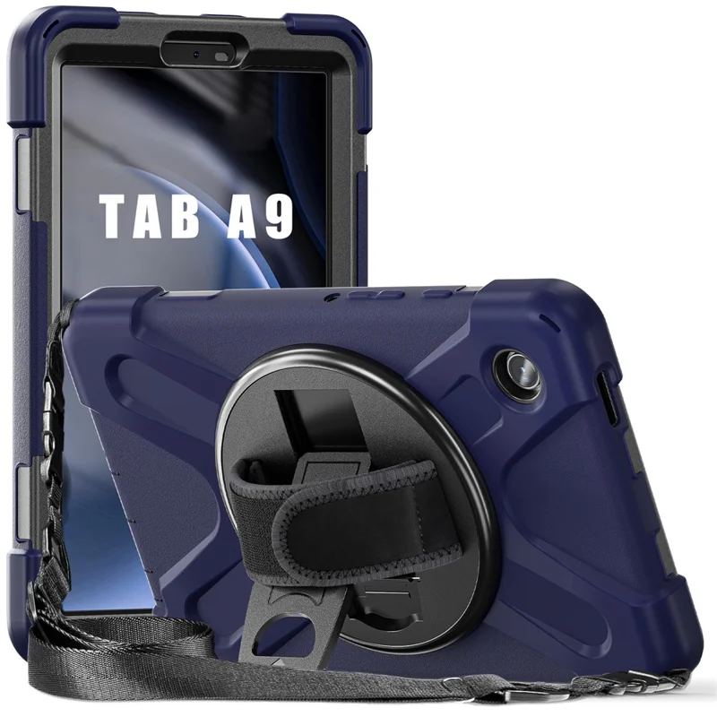 For Samsung Galaxy Tab A9 Tablet Case Kickstand PC+Silicone Cover with Hand Band / Shoulder Strap - Navy Blue