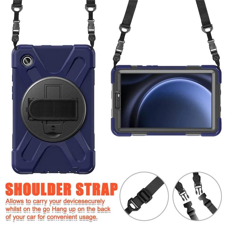 For Samsung Galaxy Tab A9 Tablet Case Kickstand PC+Silicone Cover with Hand Band / Shoulder Strap - Navy Blue