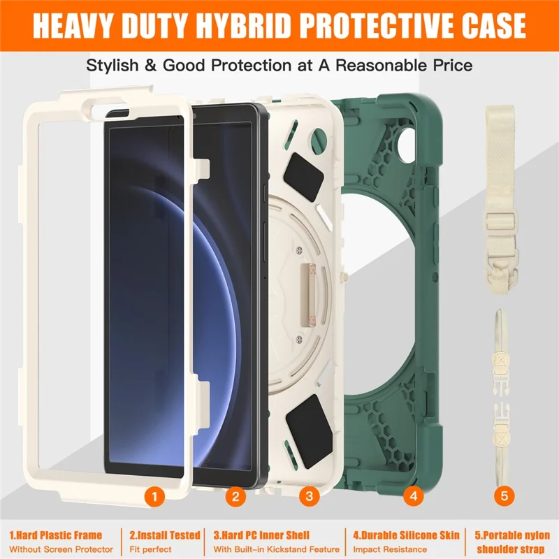 Für Samsung Galaxy Tab A9 Tablet Hülle Ständer PC+Silikon Cover mit Handband / Schultergurt - Smaragdgrün